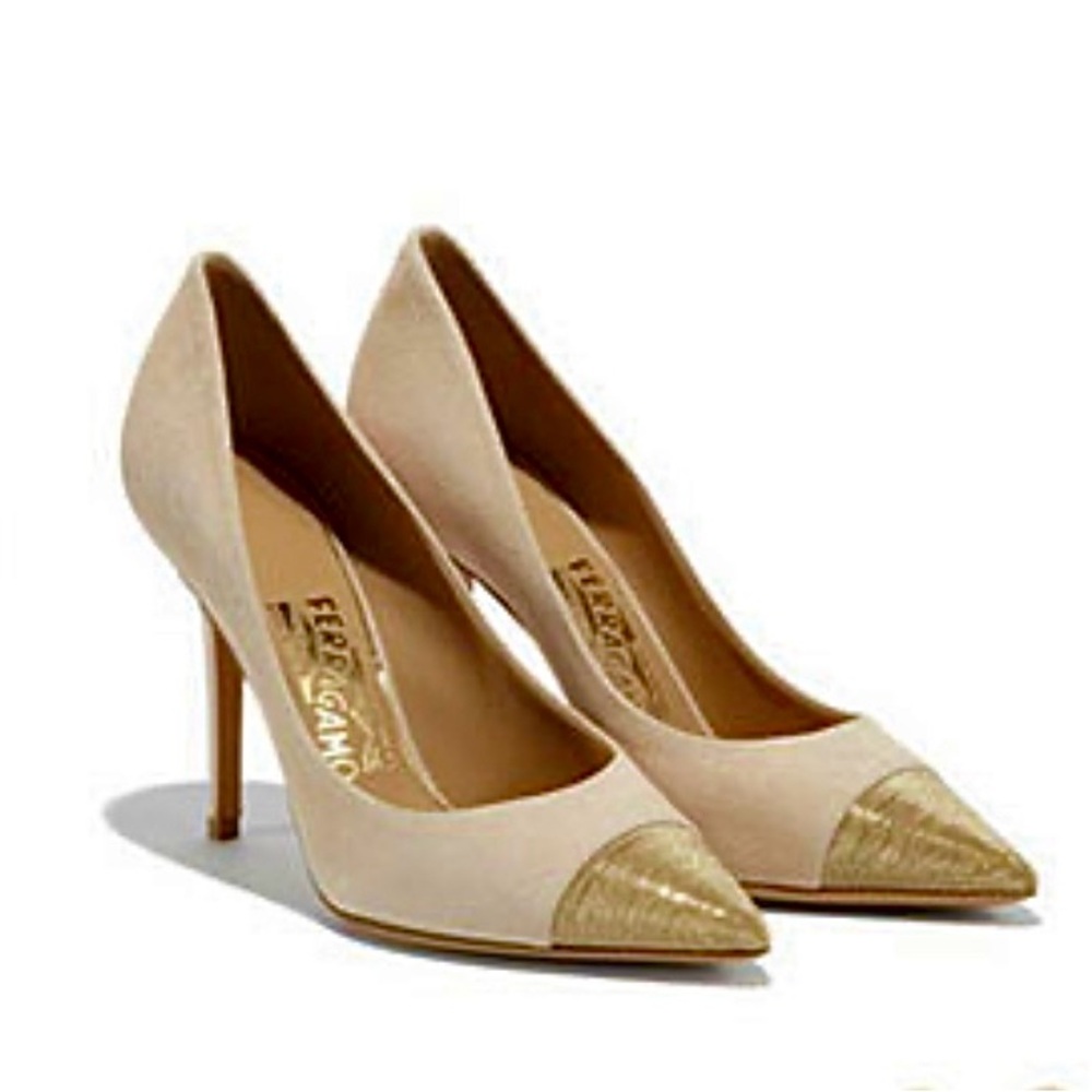 Vintage Salvatore Ferragamo Suede Heels/Pumps with Gold Cap Toe